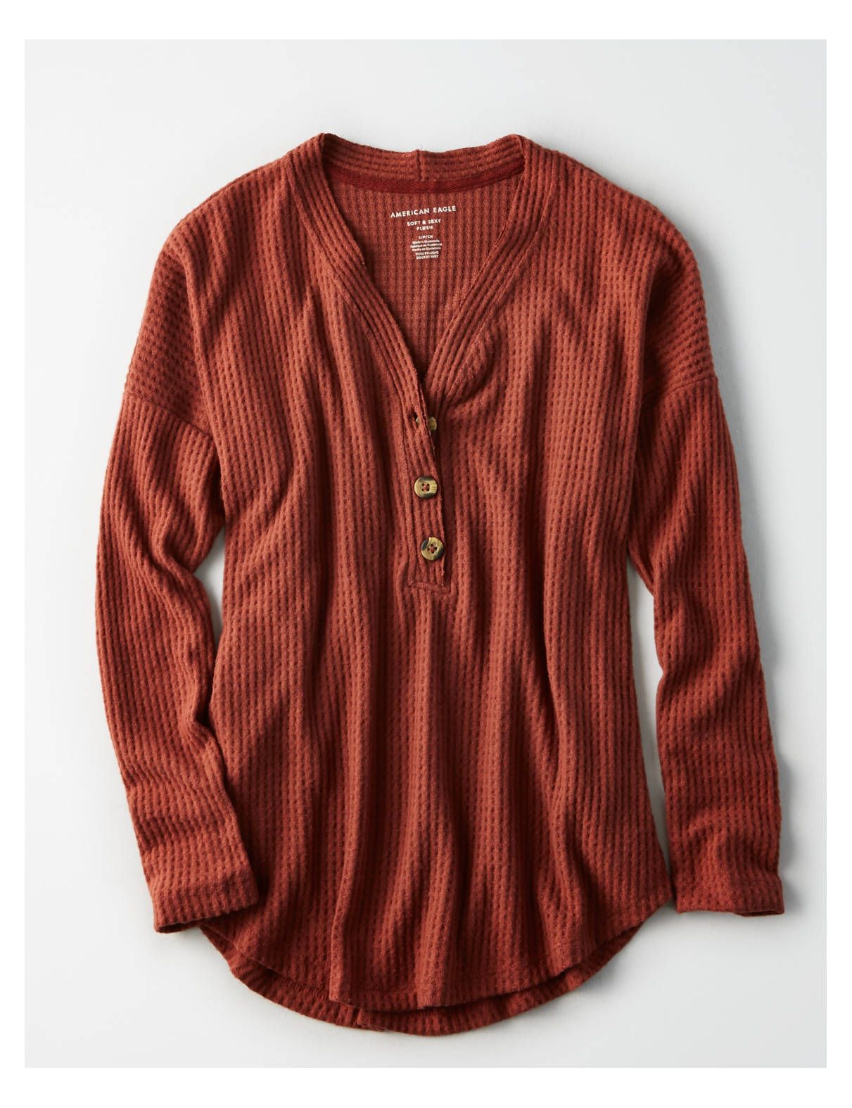 AE Soft & Sexy Plush Waffle Henley, Rust | American Eagle Outfitters (US & CA)
