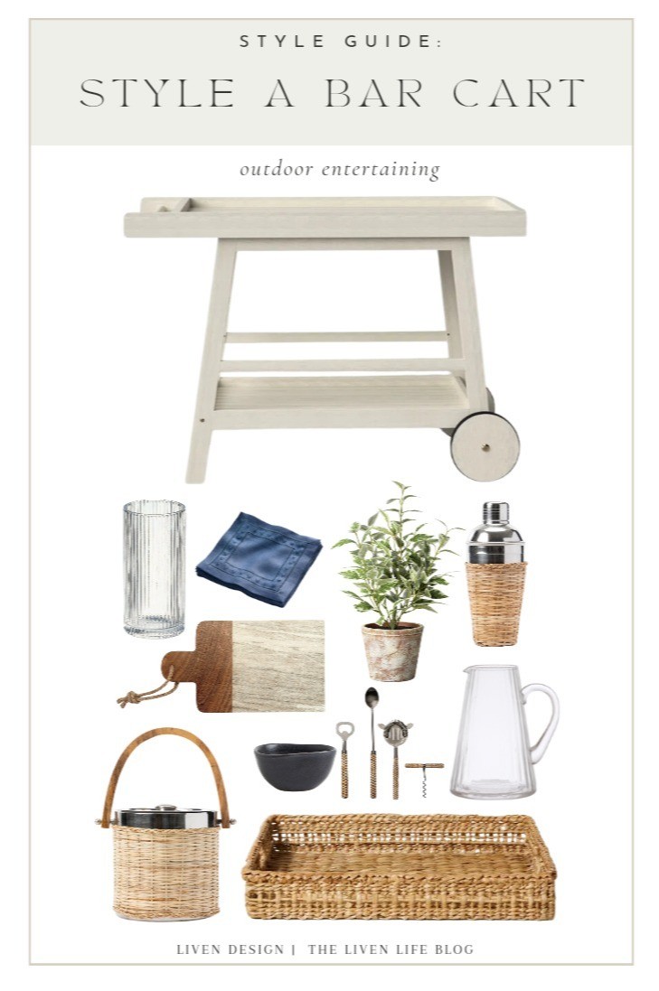 Bar cart styling. Outdoor bar cart. Bar tools. Ice bucket. Glassware. Woven tray. Marble tray. Cutting board. Kitchen decor. Outdoor dining. Cloth cocktail napkins. Woven ice bucket. 

#LTKSeasonal #LTKHome #LTKStyleTip