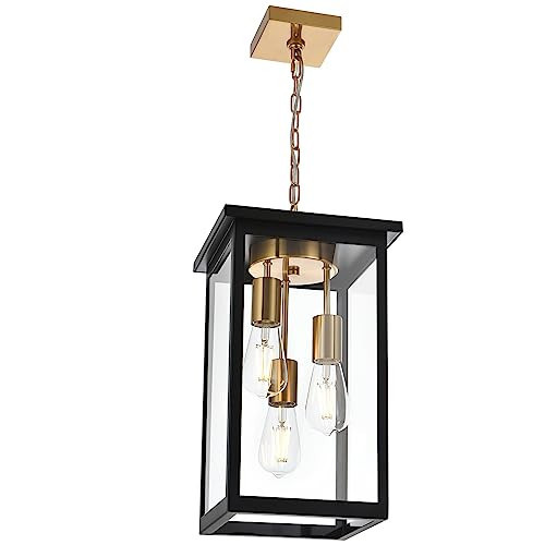 TODOLUZ Outdoor Pendant Light Fixtures, 3-Lights Exterior Hanging Lantern, Black Large Outdoor Hanging Porch Light with Clear Glass Shade | Amazon (US)