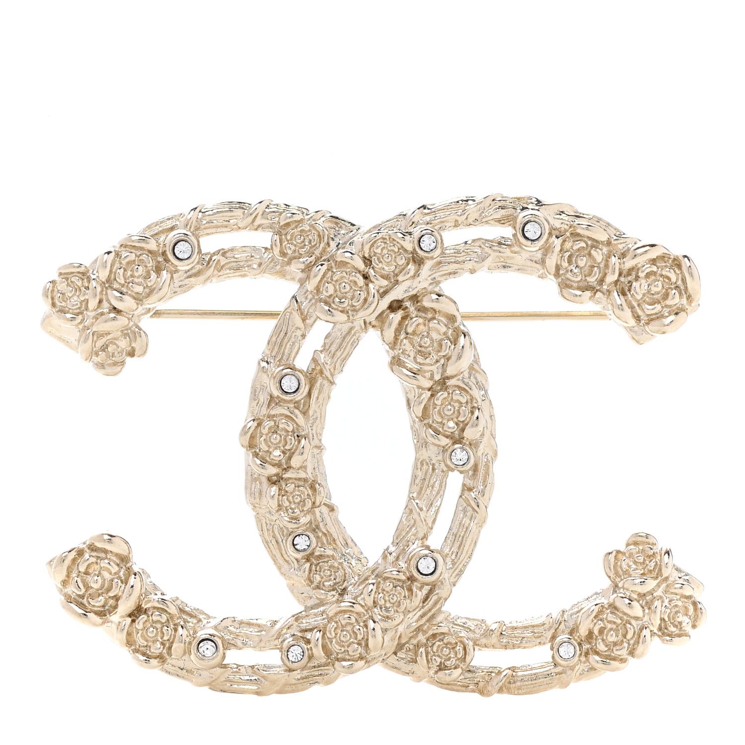 CHANEL Metal Crystal Camellia CC Brooch Light Gold | FASHIONPHILE | Fashionphile