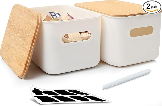 Citylife 2 Packs Plastic Storage Bins with Bamboo lids Stackable Storage Containers for Organizin... | Amazon (US)
