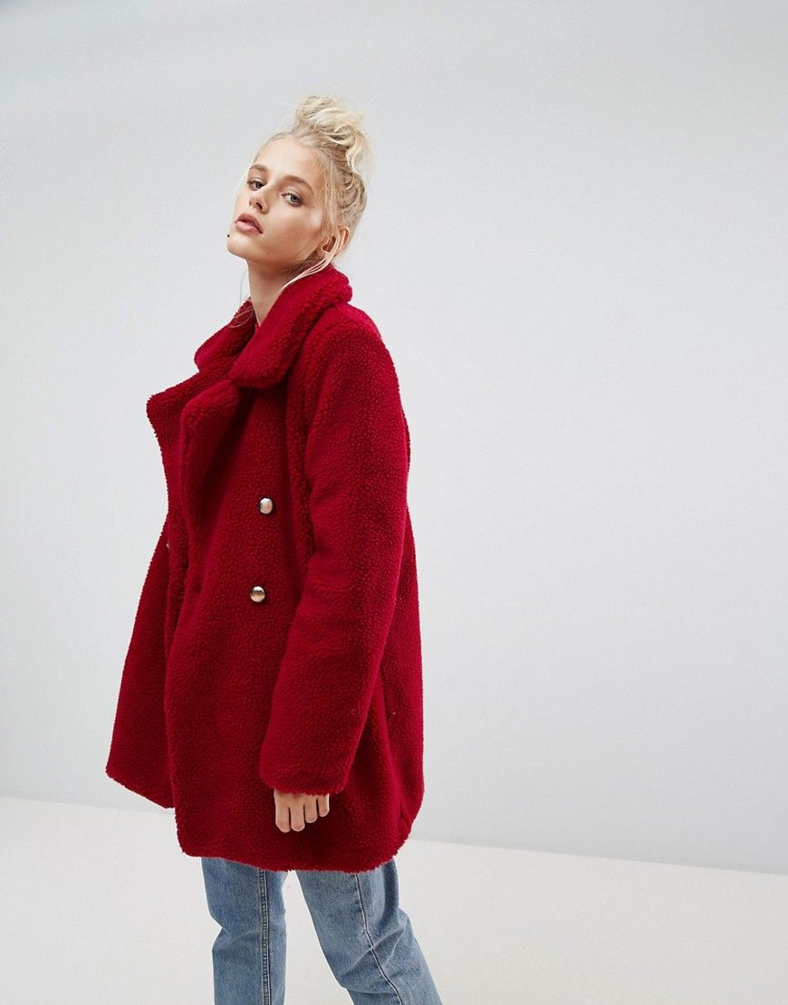 E.L.K Relaxed Shawl Coat In Teddy Faux Fur - Red | ASOS US