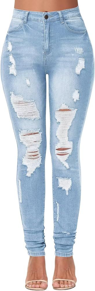 KDF Women's High Waisted Jeans for Women Distressed Ripped Jeans Slim Fit Butt Lifting Skinny Str... | Amazon (US)