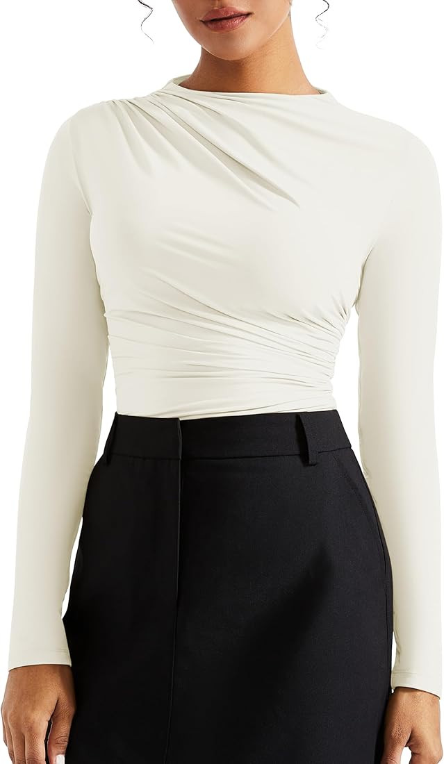 SUUKSESS Women Business Casual Mock Neck Long Sleeve Tops Double Lined Ruched Basic T Shirts (Whi... | Amazon (US)