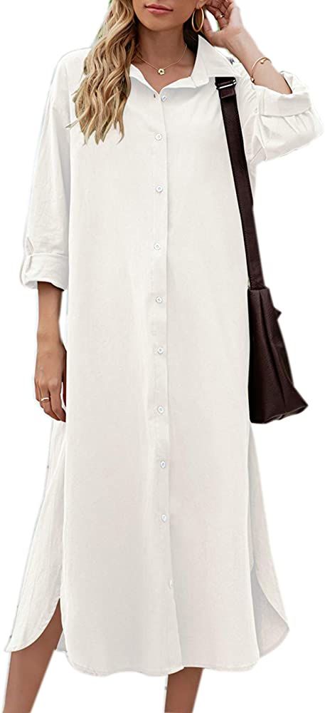 Sopliagon Women Cotton and Linen Shirt Dress Casual Loose Maxi Dresses | Amazon (US)