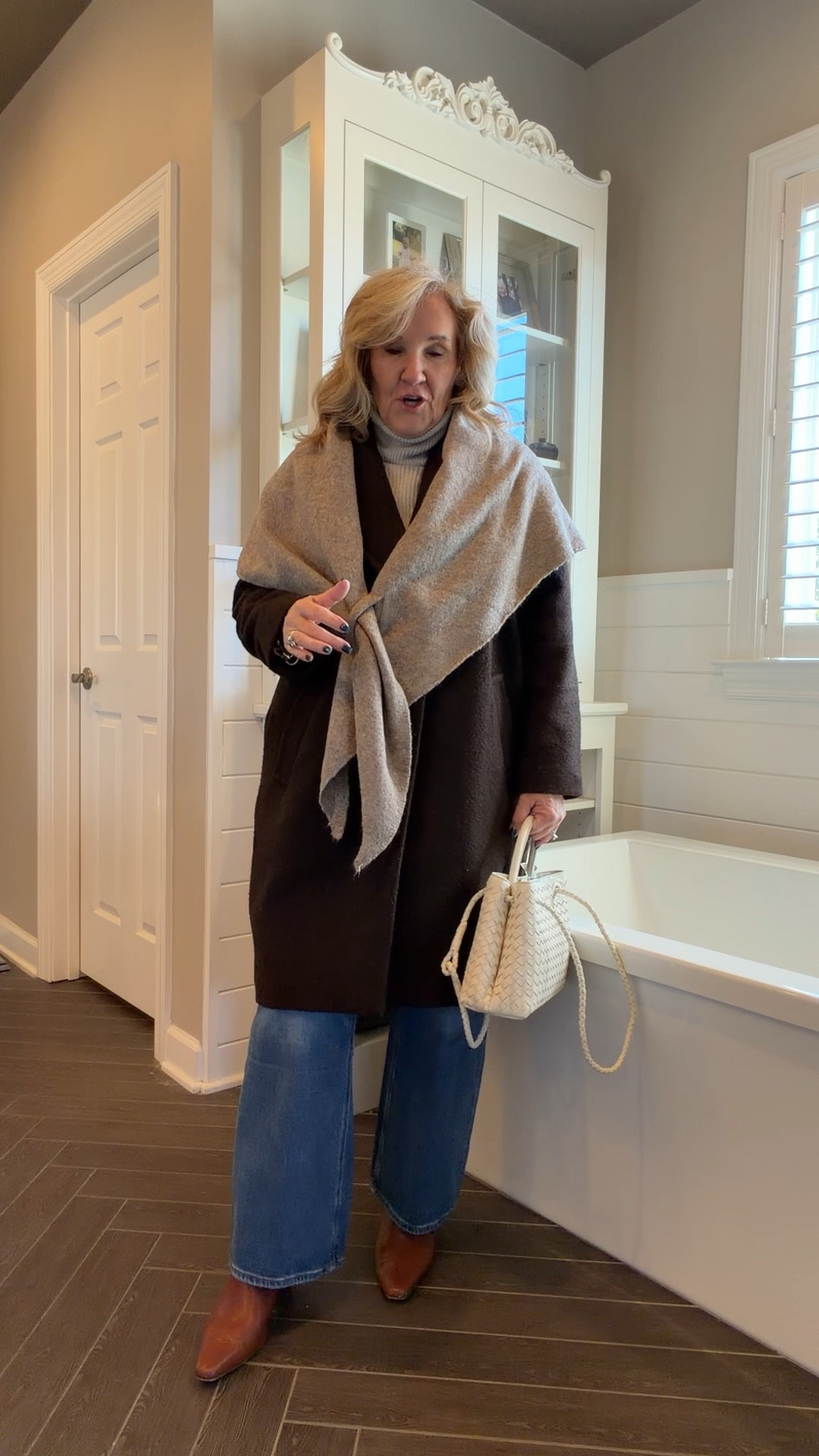 The sweater scarf is a big trend! Love this Amazon one! 
Cashmere turtleneck size medium 
Small bone tote (there’s a larger version)
Jeans size 29 waist 28 inseam 
Coat is avail in a denim blue. It’s a lightweight boucle. Limited in brown. I did size down to a small petite 

#LTKOver40 #LTKFindsUnder100 #LTKMidsize