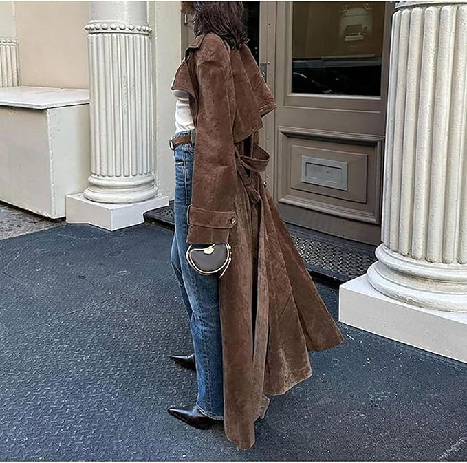 CupitiDU Suede Trench Coat Women Long Trench Coats,2024 Fall Winter Long Pea Coat Faux Leather Do... | Amazon (UK)