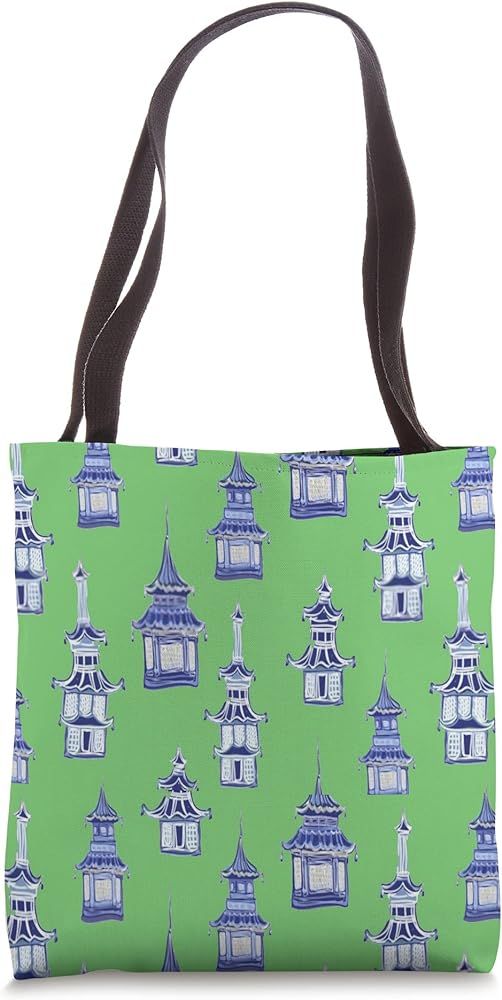Chinoiserie Style Print Green and Blue Pagoda Grandmillenial Tote Bag | Amazon (US)