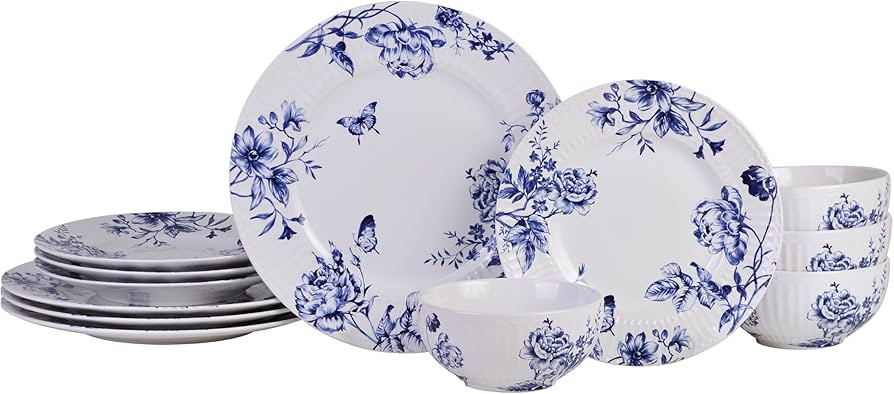 222 Fifth 12-Piece Porcelain Dinnerware Set for 4, White & Blue Plates and Bowls Set, Glossy Cera... | Amazon (US)