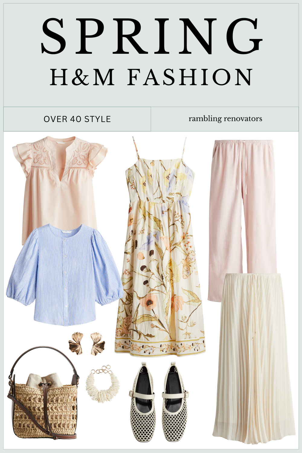 Spring fashion, H&M fashion sale // Peach ruffle blouse, floral dress, pinstripe blouse, drawstring pants, pleated skirt, straw bag, crossbody purse, florla earrings, statement bracelet, Mary Jane flats, over 40 style 

 

#LTKspring #LTKmidsize #LTKover50style