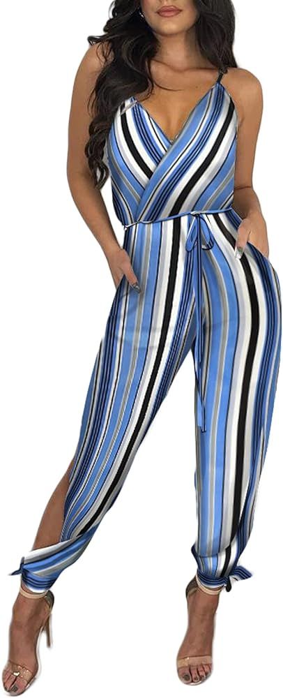 Women Elegant Jumpsuit Vintage Graphic Print V Neck Sleeveless Split Romper Pants Summer Overalls | Amazon (US)