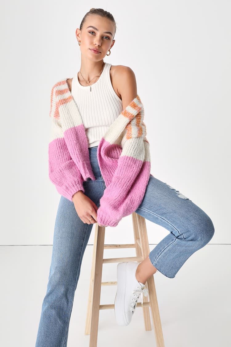 Malena Ivory and Pink Striped Chunky Open Front Cardigan | Lulus (US)