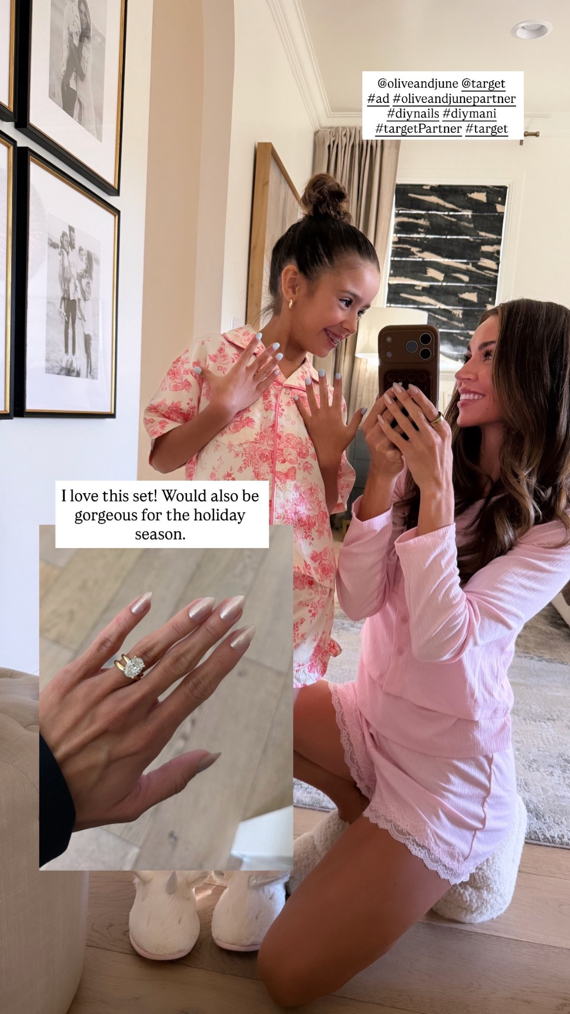 #ad Girl’s night means mani in minutes with @oliveandjune @target ! 💅 ✨ The easiest press-on mani that can be done in minutes! (Mine are the ALMOND MEDIUM GOLDEN AURORA VELVET + Tatum’s are the ROUND XS/S SNOW DAY ❄️  ) #ad #oliveandjunepartner #diynails #diymani #targetpartner #target @Shop.LTK #liketkit 