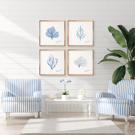 Coastal Home Decor | Sea Blue Coral Collection on Natural Framed Wood Sign | Nautical Themed | Etsy (US)