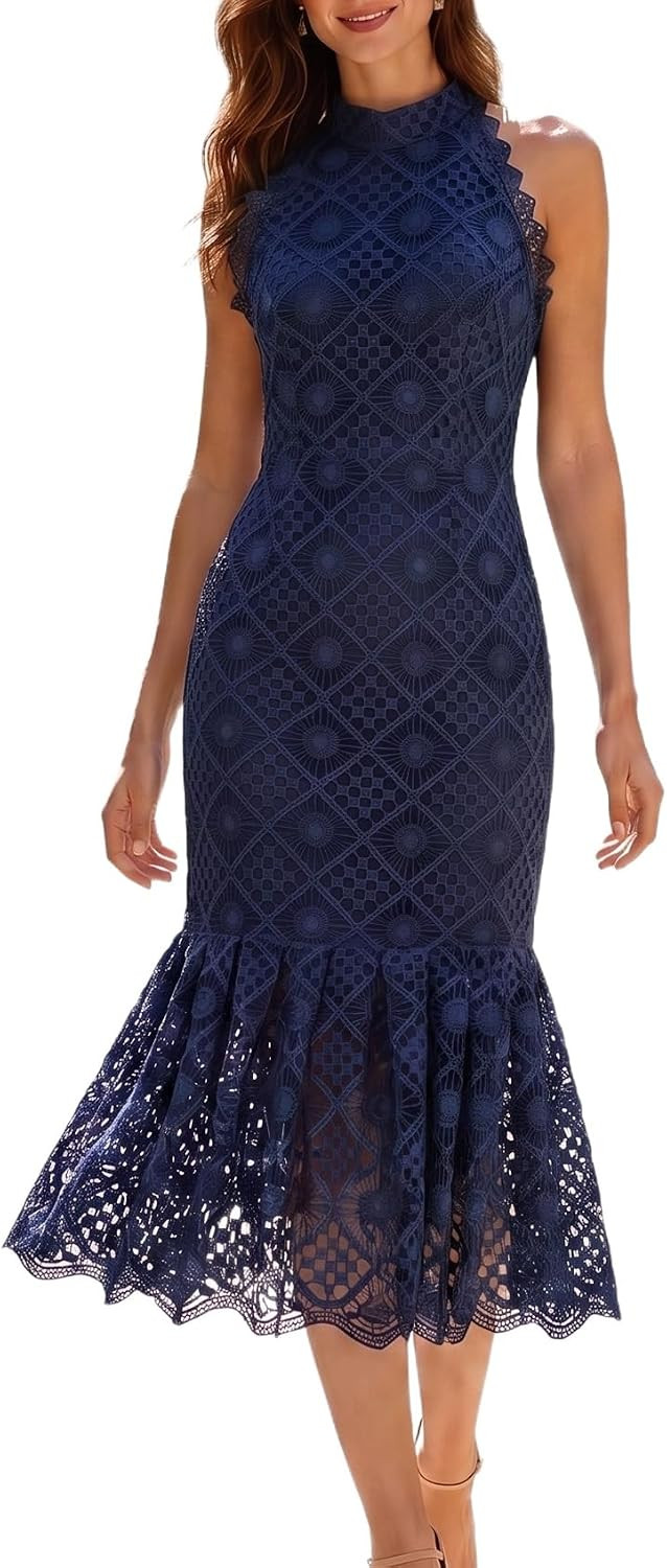 SUNSTORY Womens Crochet Lace Midi Dress: Ruffle Sleeveless Halter Mock Neck | Amazon (US)