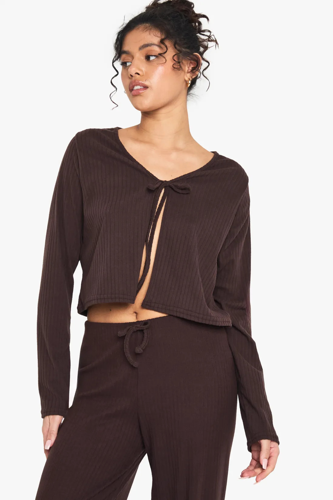 Rib Tie Front Long Sleeve Top And Drawstring Straight Leg Trouser Set | boohoo (US & Canada)