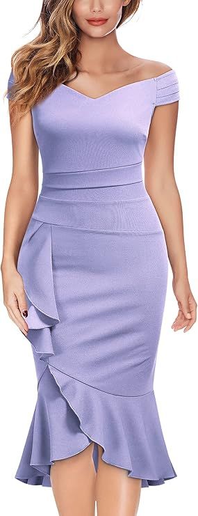 Knitee Women's Off Shoulder V-Neck Ruffle Pleat Waist Bodycon Evening Cocktail Slit Formal Dress | Amazon (US)