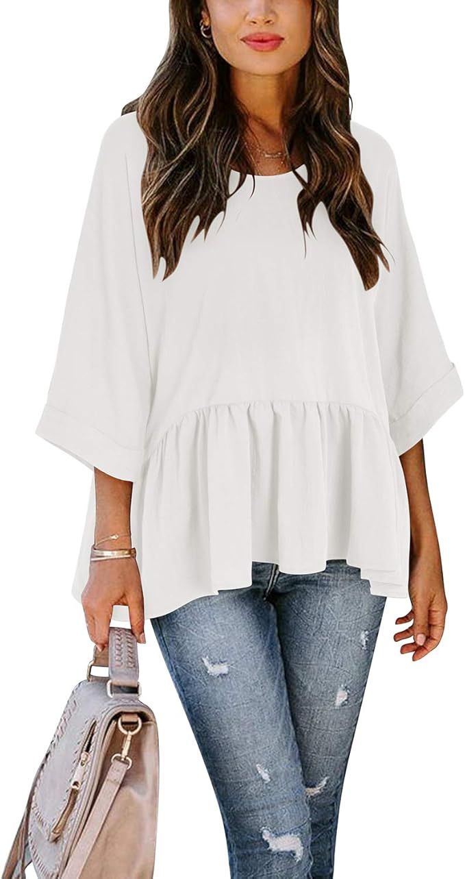 OUGES Women's Loose Peplum Ruffle Hem Short/Half Sleeve Tops Summer Casual Shirt | Amazon (US)