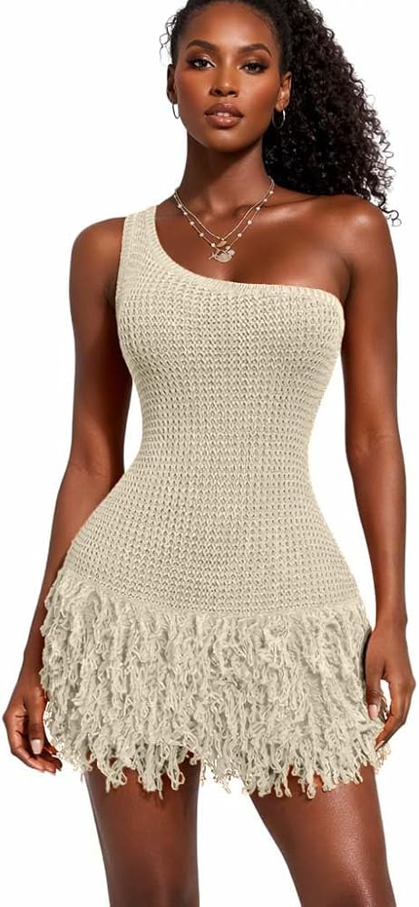 Women One Shoulder Crochet Knit Mini Dress Fringe Hem Bodycon Sleeveless Summer Beach Party Dress... | Amazon (US)