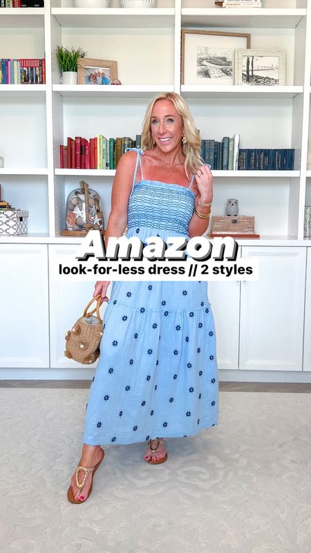 Amazon look-for-less dress in 2 styles:
• 3/4 sleeve dress - size medium.
• sleeveless dress - size medium.
(Both dresses fit tts, but you could size up in the sleeveless version bc of the smocking and the straps can be on the tighter side).
** BOTH have smocked tops, gauzy material, embroidered flowers, and pockets!
• sandals - tts. 
• jewelry linked too  

#LTKVideo #LTKFindsUnder50 #LTKSeasonal