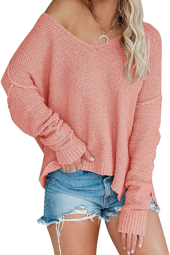 Women’s Off Shoulder Knit Sweaters Oversized V Neck Long Sleeve Loose Lightweight Pullover Tops | Amazon (US)