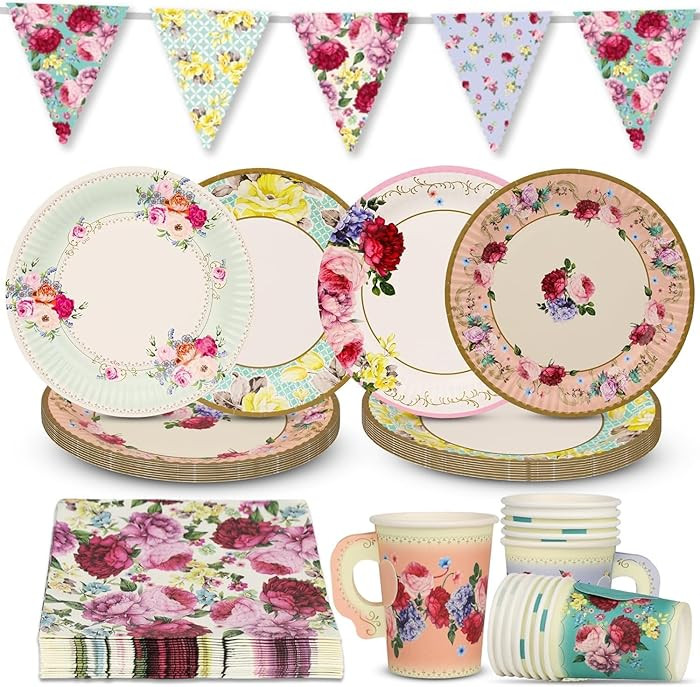 Talking Tables 50pcs Floral Afternoon Tea Party Decorations Tea Party Set Pretty Paper Plates Flo... | Amazon (US)