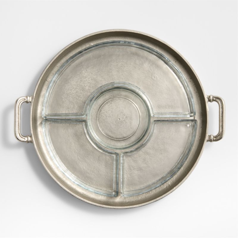 Argento Antique Metal Round Tray with Divided Glass Inserts | Crate & Barrel | Crate & Barrel