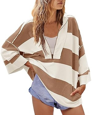 Yanekop Womens Oversized Striped Shirt Half Zip Sweatshirt Color Block V Neck Top Casual Loose Pu... | Amazon (US)