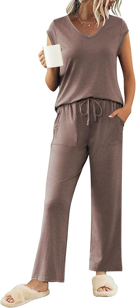 Ekouaer Womens Pajamas Set Short Sleeve Sleepwear Long Pants Lounge Set 2 Piece Pjs Soft Loungewe... | Amazon (US)