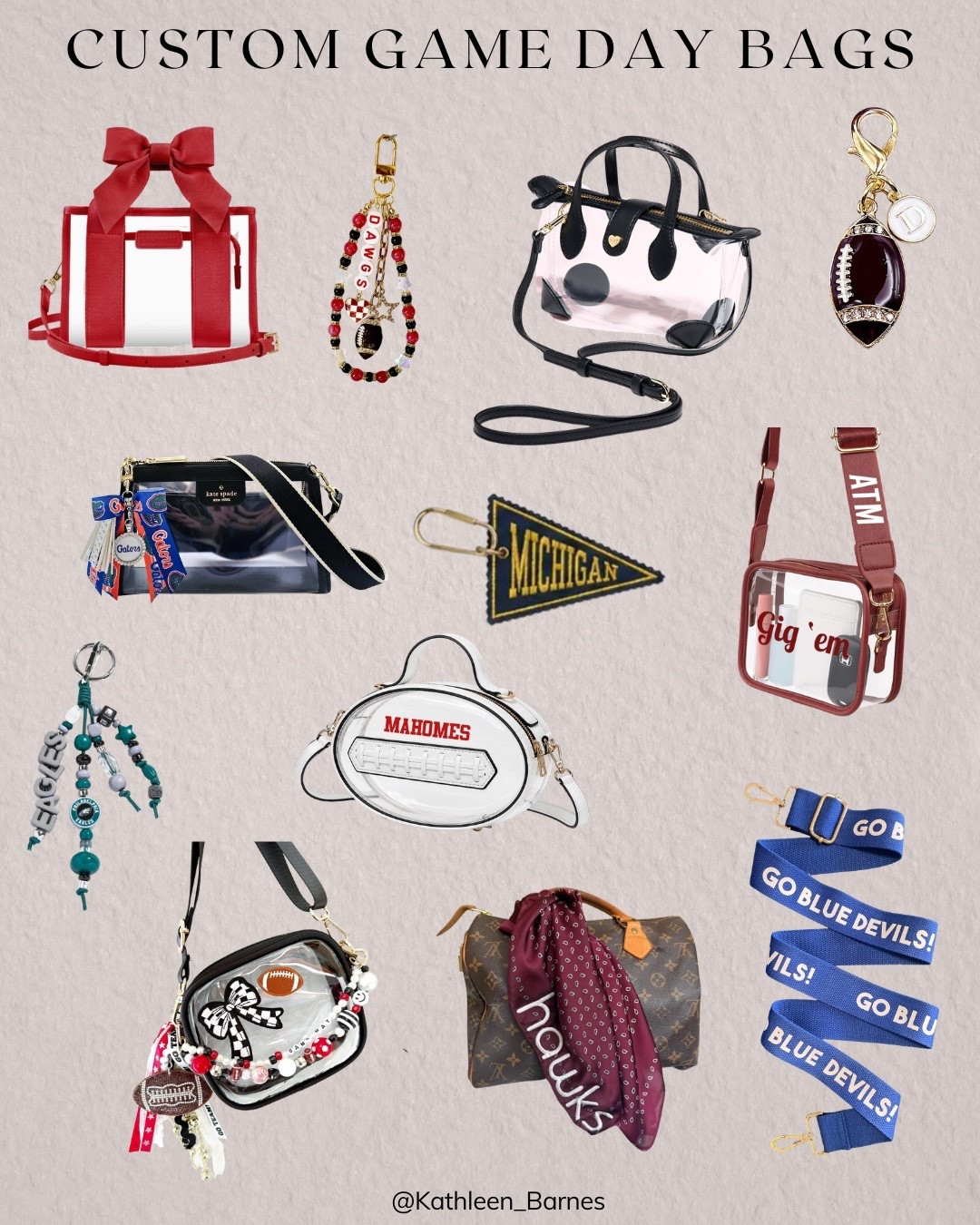 Stadium approved clear bags for game day, concerts, etc + fun ways to personalize the stadium bags including bag charms and purse straps - college football, tailgating, game day accessories