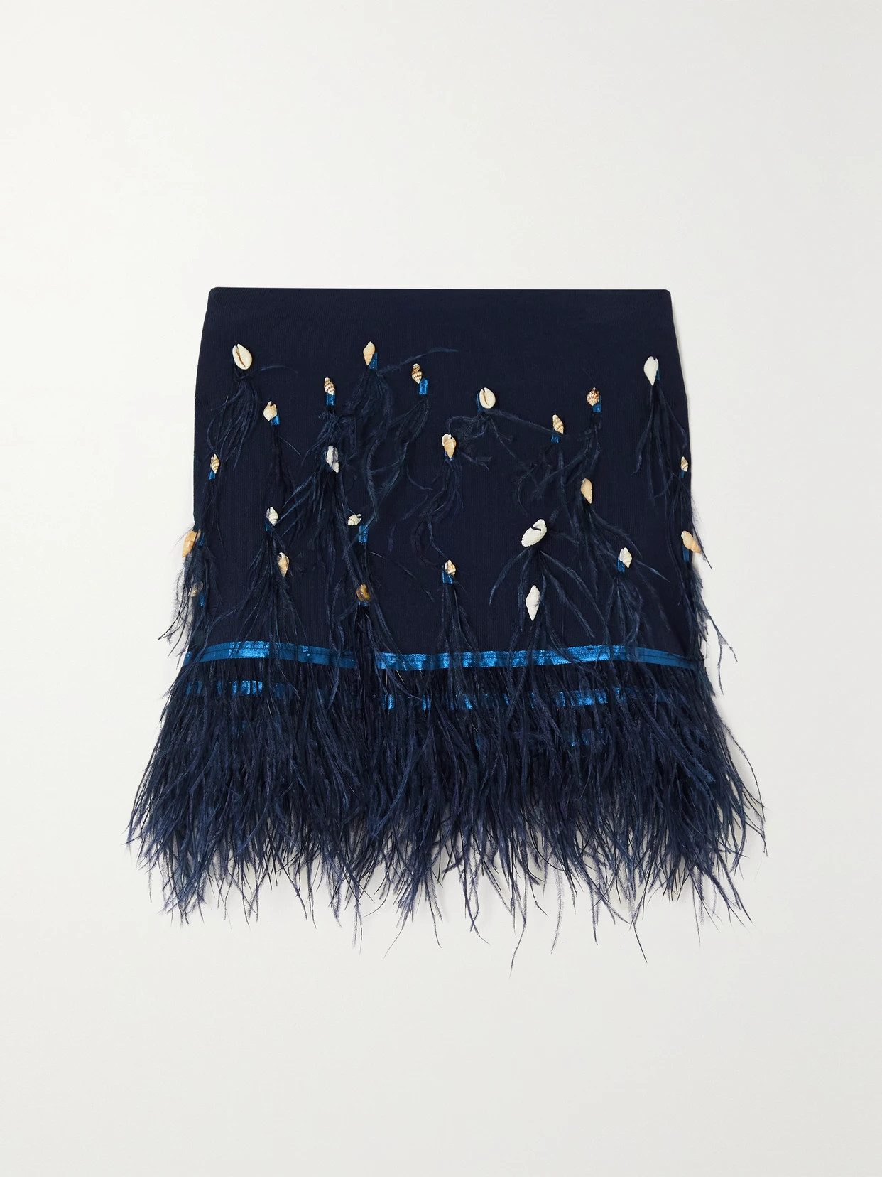 STAUD - Kristen Embellished Feather-trimmed Ribbed-knit Bandeau Top - Blue | NET-A-PORTER (US)