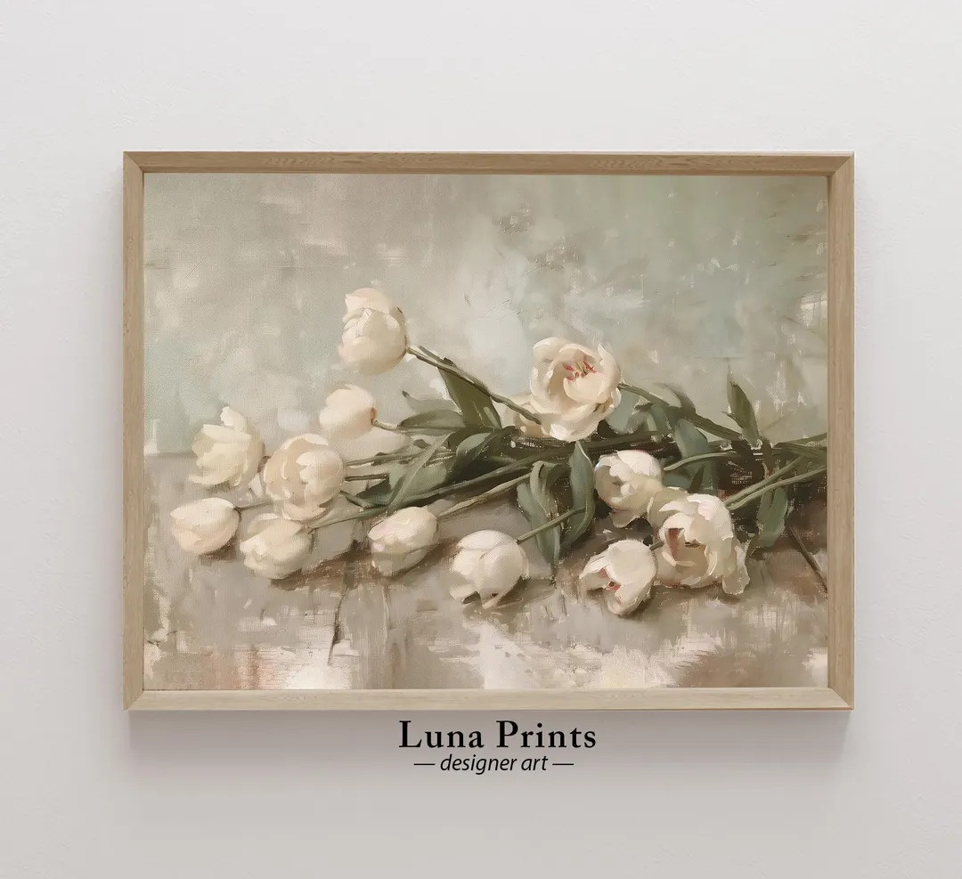 Tulips Painting, PRINTABLE ART, Floral Wall Decor for Living Room, Muted Toned Spring Floral Art | Etsy (US)