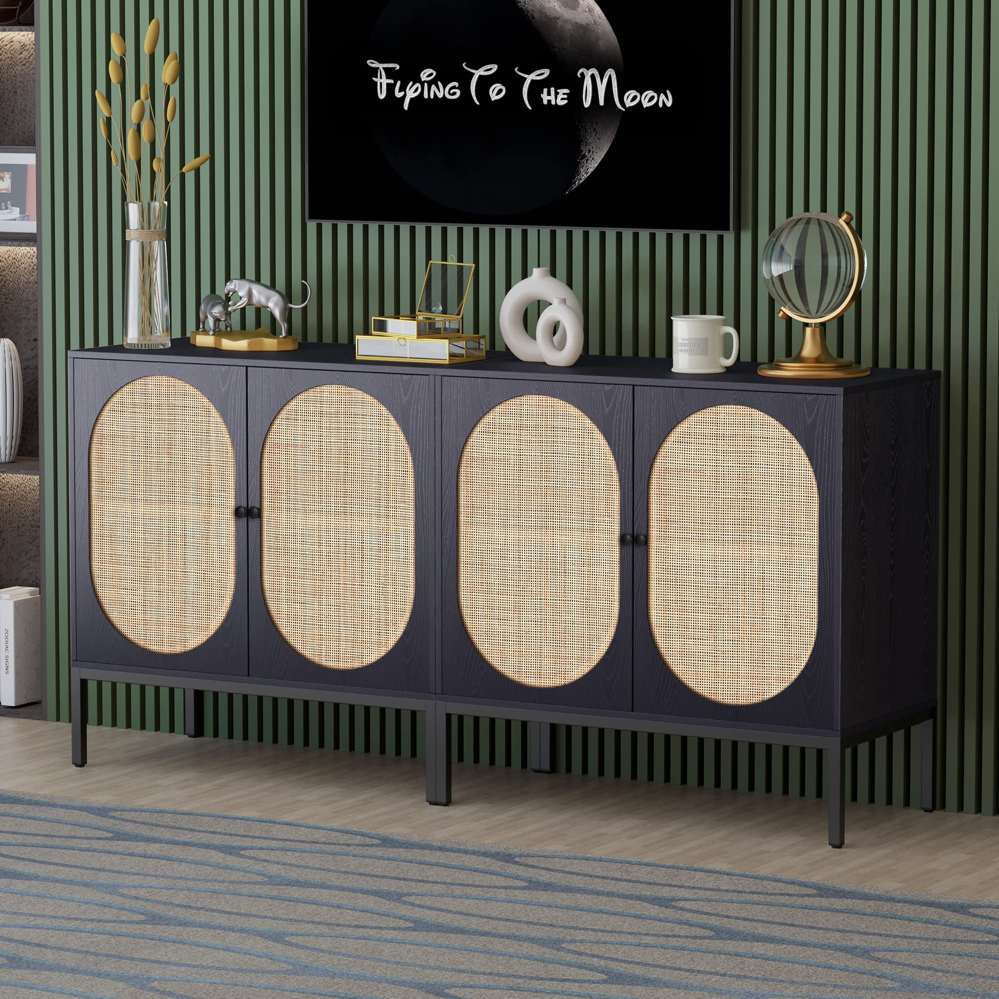 Yechen Set of 2 Sideboard Cabinet with Natural Rattan Decorated Oval Doors, Rattan Cabinet Accent... | Amazon (US)