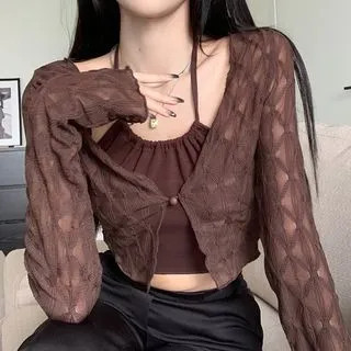 Sleeveless Plain Halter Crop Top / Long-Sleeve Plain Sheer Lace Cardigan | YesStyle Global