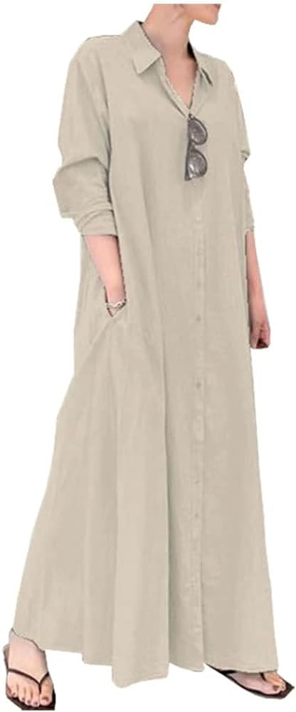 Ladyful Women's Casual Button Down Cotton Linen Long Shirt Dress | Amazon (US)