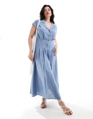 ASOS DESIGN Curve linen look cap sleeve shirt midi dress with pin tucks in blue | ASOS (Global)