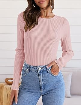 ZESICA Women's Long Sleeve Crewneck Shirts 2024 Fall Knit Sweater Slim Fitted Casual Basic Tee To... | Amazon (US)