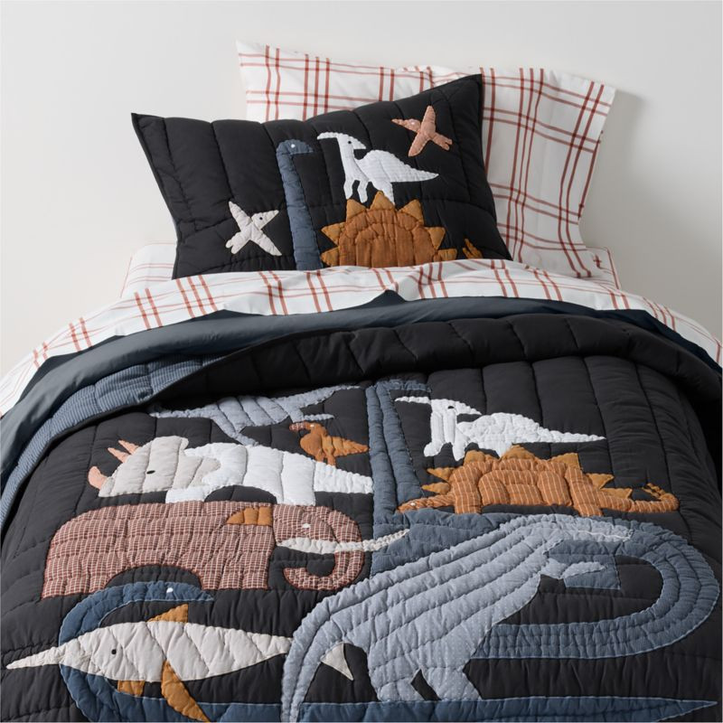 Dino Tower Embroidered Cotton Kids Twin Quilt + Reviews | Crate & Kids | Crate & Barrel