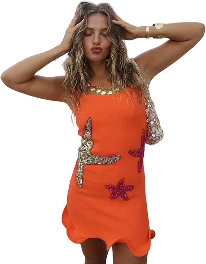 Suillty Women Teens Sequin Starfish Ruffle Hem Mini Tank Dress Sexy Square Neck Sleeveless Bodyco... | Amazon (US)