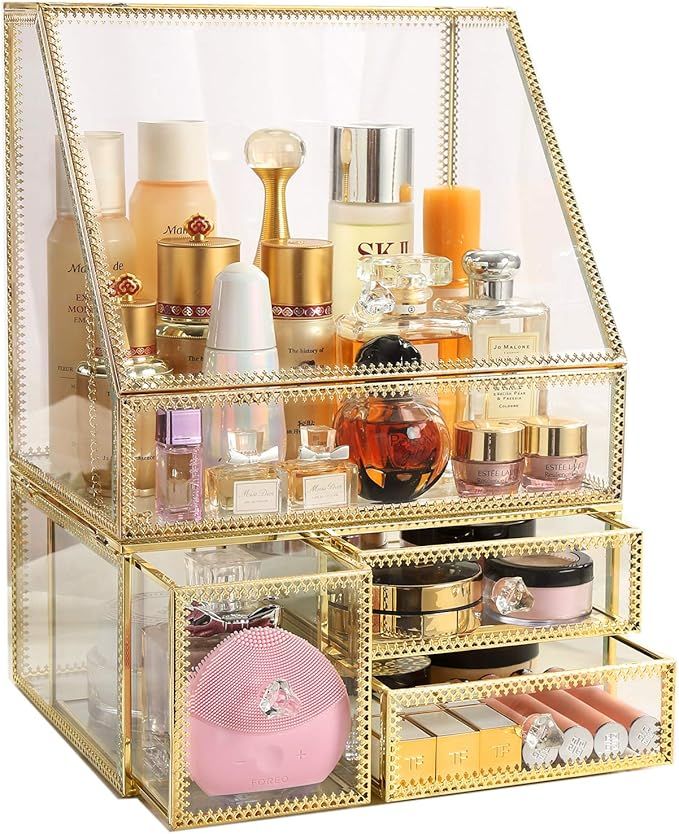 MOOCHI Golden Vintage Glass Cosmetic Makeup Organizer 3 Drawers Set Dust Waterproof Cosmetics Sto... | Amazon (US)