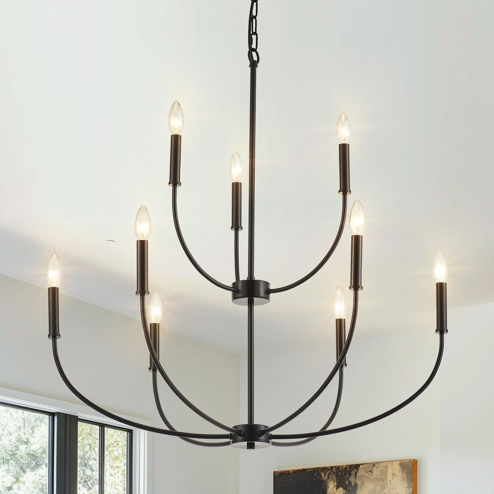 9-Light Black Chandelier for Entryway, Modern Farmhouse Dining Room Light Fixture, Industrial Can... | Amazon (US)