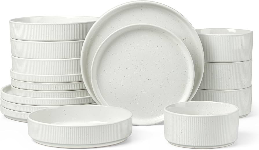 LIANYU Dinnerware Sets with Pasta Bowls for 4, 16 Piece Stoneware Plates and Bowls Set, Ribbed Di... | Amazon (US)