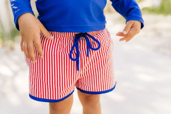 Red Stripe Seersucker Boy Swim Shorts | Love and Grow Clothing Co