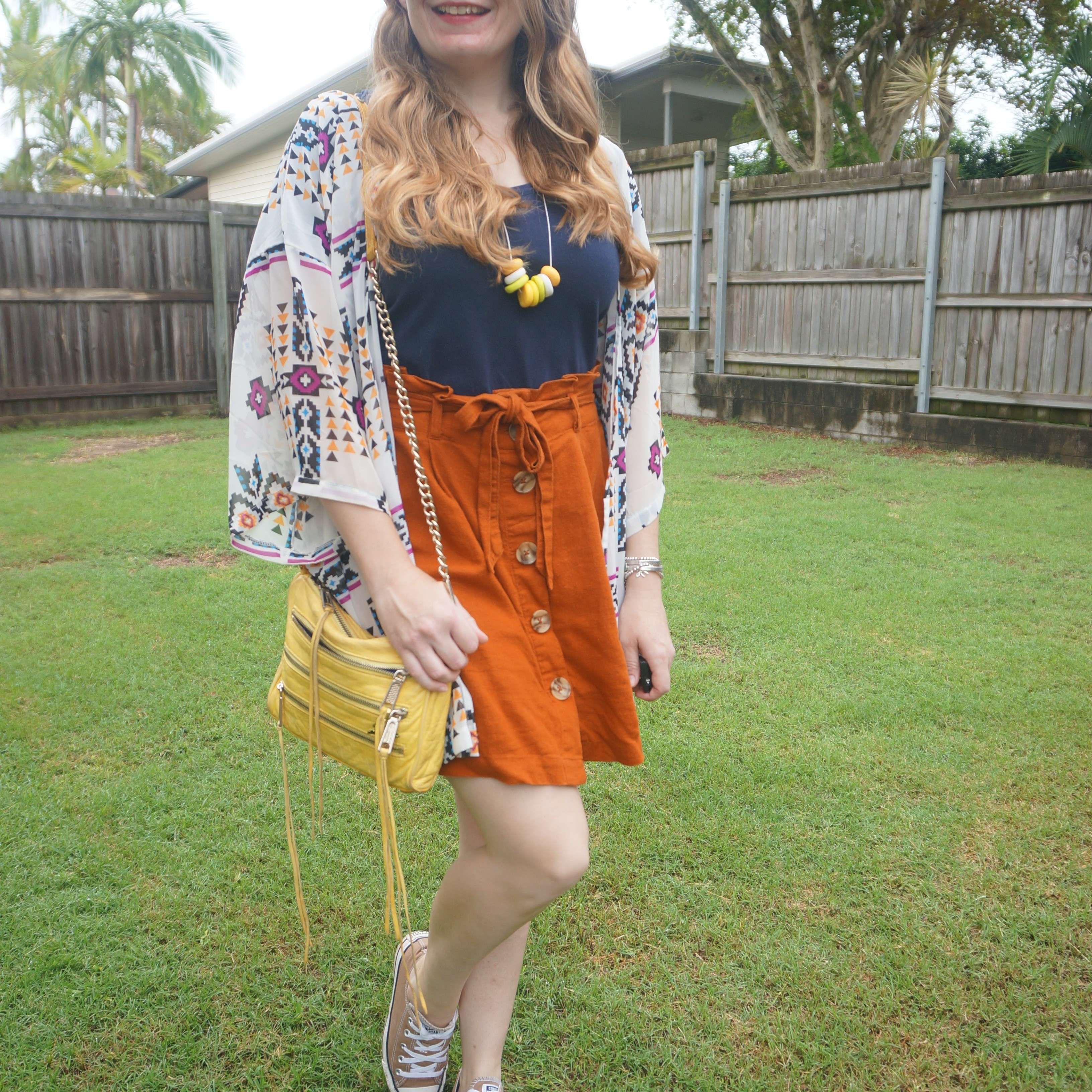 Pixel print cover up with navy tee and Kmart Anko orange linen button up skirt, Converse and yellow Rebecca Minkoff mini 5-zip bag 💛

#LTKaustralia #LTKbag #LTKsummer