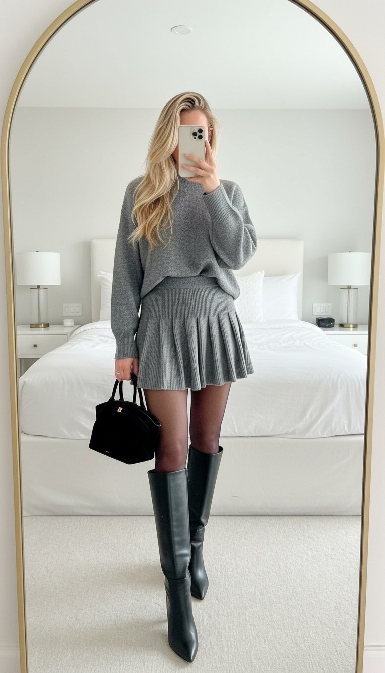 Amazon outfit inspo 🤍 Gray knit sweater, pleated mini skirt, knee-high boots, black handbag — the perfect neutral winter outfit, cold weather outfit, chic everyday outfit, and Amazon fashion look. Cozy sweater outfit for work, brunch, date night, holiday outfits, and winter style. Linking this Amazon sweater, Amazon skirt, Amazon boots, and Amazon accessories for easy shopping. Minimalist style, clean girl aesthetic, winter wardrobe basics, trendy Amazon finds you’ll wear on repeat.

#amazonfashion #ltkstyle #winteroutfits
