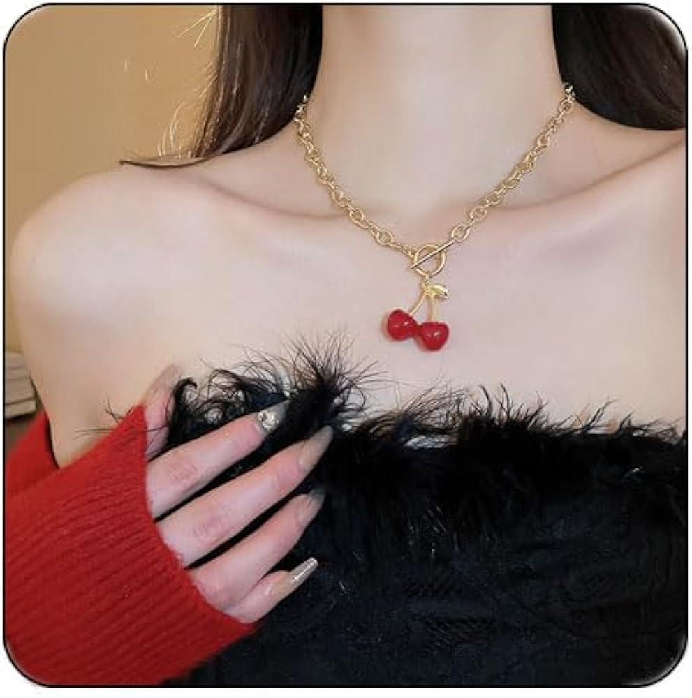 Cherry Charm Necklace for Women Cute Cherry Choker Necklace Chunky Chain Collars Necklace Stainle... | Amazon (US)