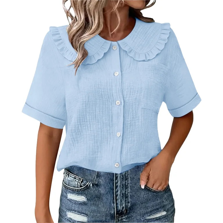Women’s Short Sleeve Blouse Peter Pan Collar Button Front Casual Top | Walmart (US)