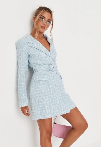 Blue Boucle Belted Blazer Dress | Missguided (US & CA)