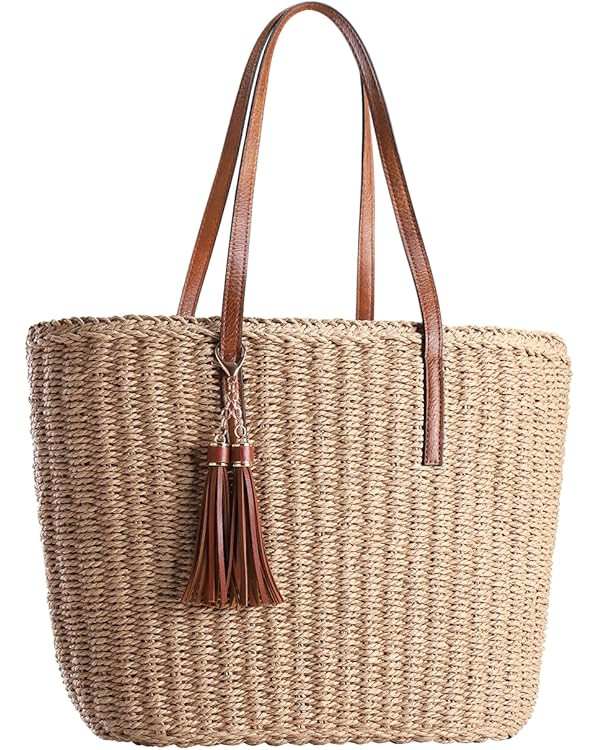 YXILEE Straw Bags For Women | M Size Travel Straw Totes Bag Woven Summer Handmade Shoulder Bag Ha... | Amazon (US)