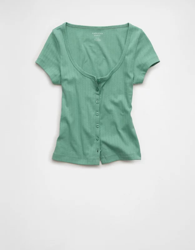 AE Pointelle Button-Up Baby Tee | American Eagle Outfitters (US & CA)